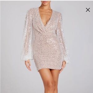 NWT NADINE MERABI WHITE SILVER SEQUIN BEADED BALLOON LONG SLEEVE MAYA DRESS